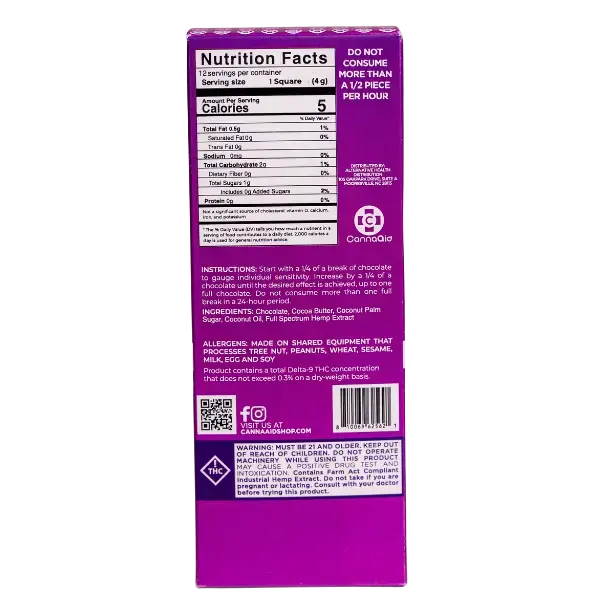 Backside view of CannaAid Delta-9 THC + CBD Milk Chocolate Bars 300 mg
