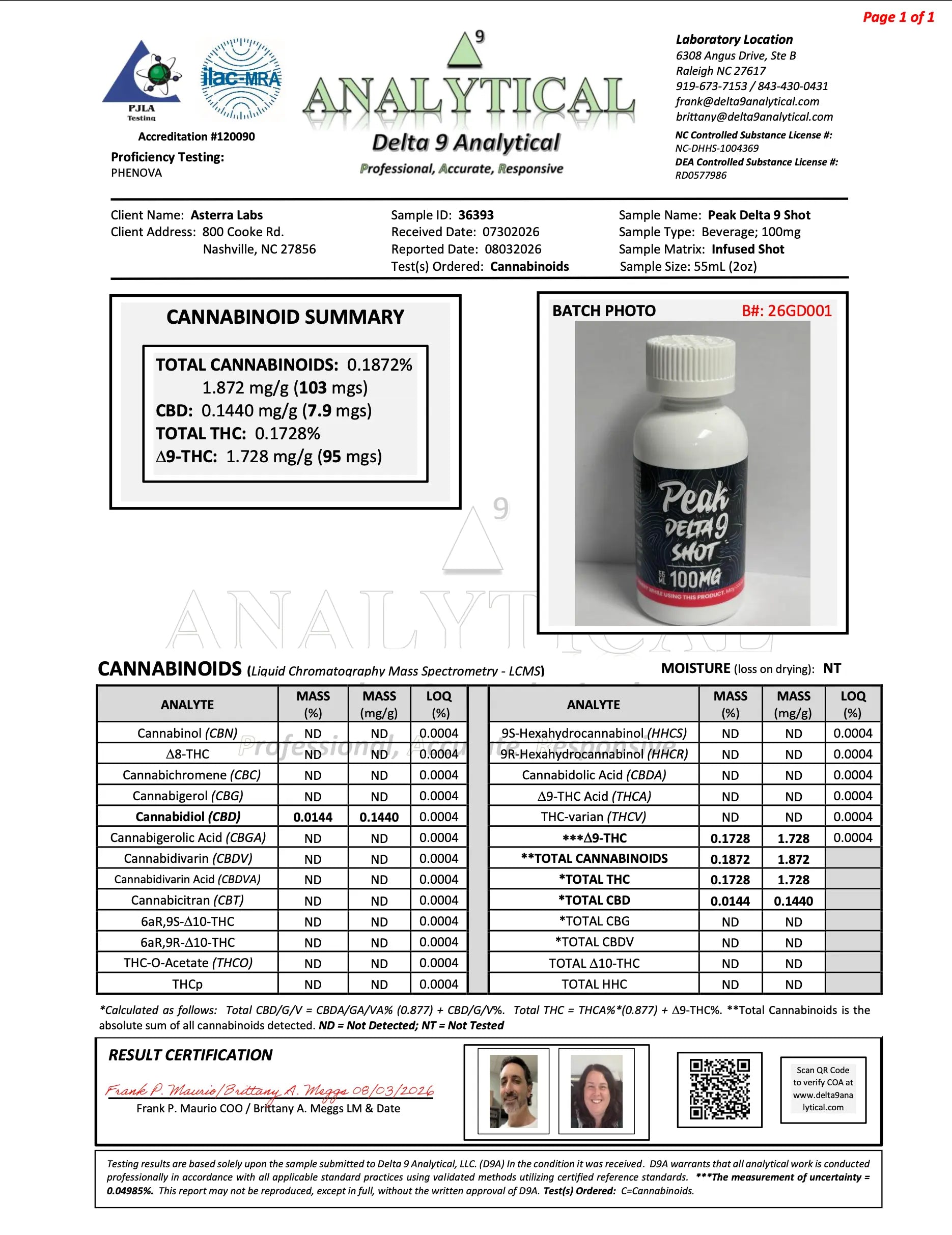 Buy Peak Delta 9 THC Shot 100mg 55ML Wholesale AH DIST